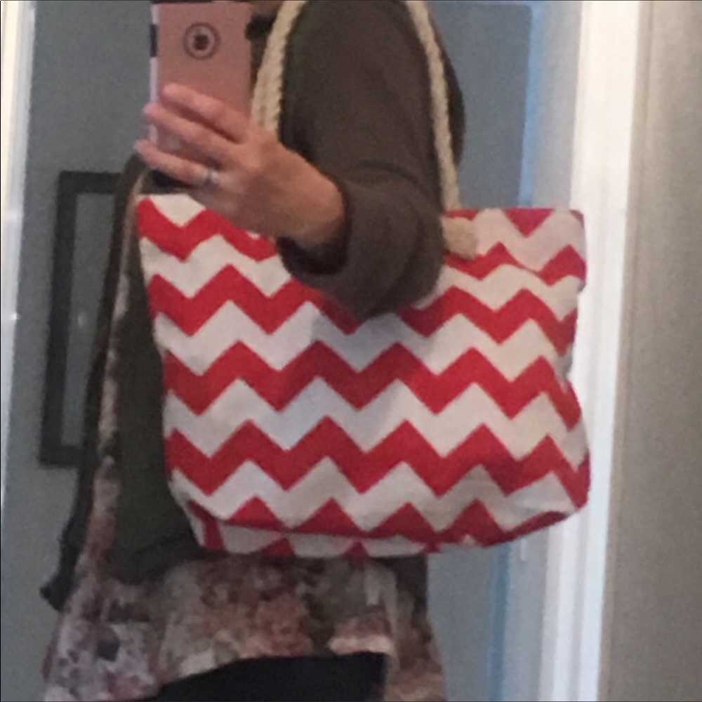 NEW! 2 left! Retro Beach Tote Canvas Bag Zip Top Closure Shopping Chevron Rope - Picture 4 of 6